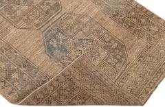 Brown Antique Turkmen Handmade Persian Wool Runner with Tribal Motif