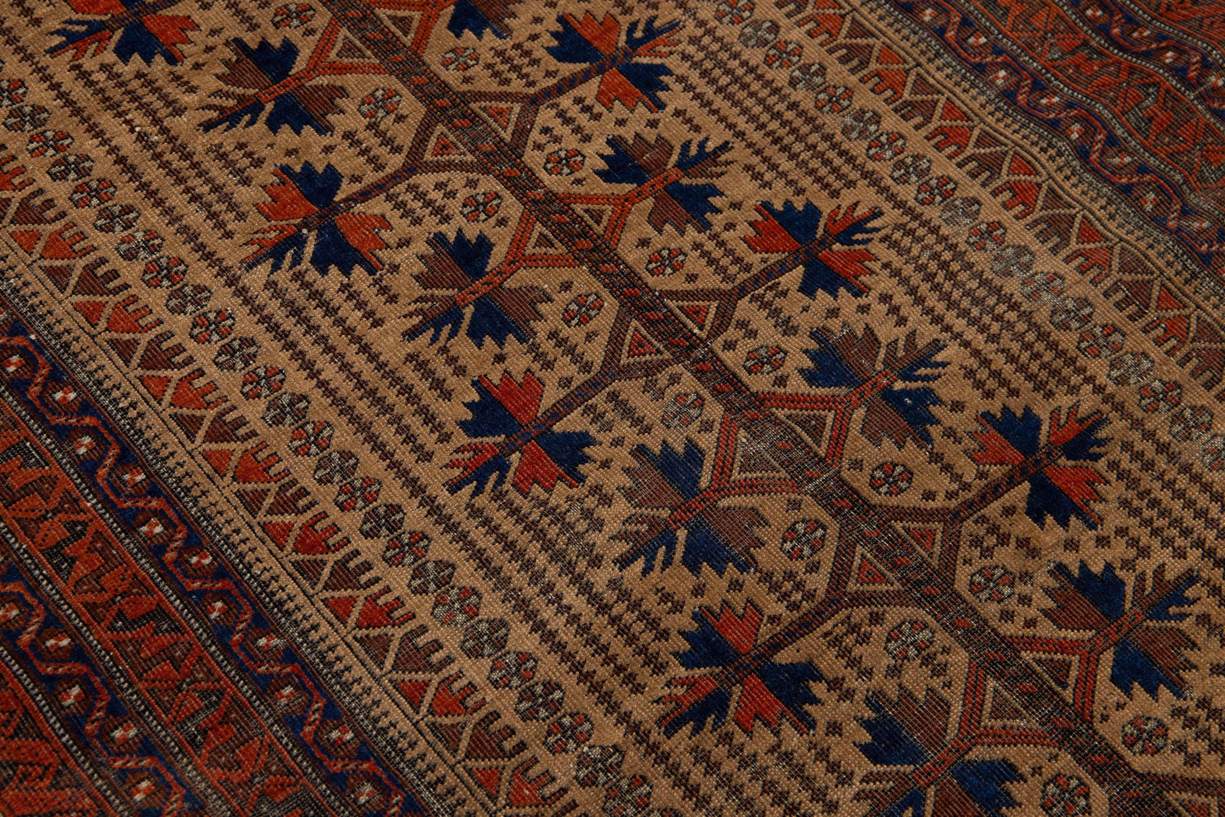 Brown Antique Turkmen Persian Wool Rug With Geometric Design (20. Jahrhundert) im Angebot