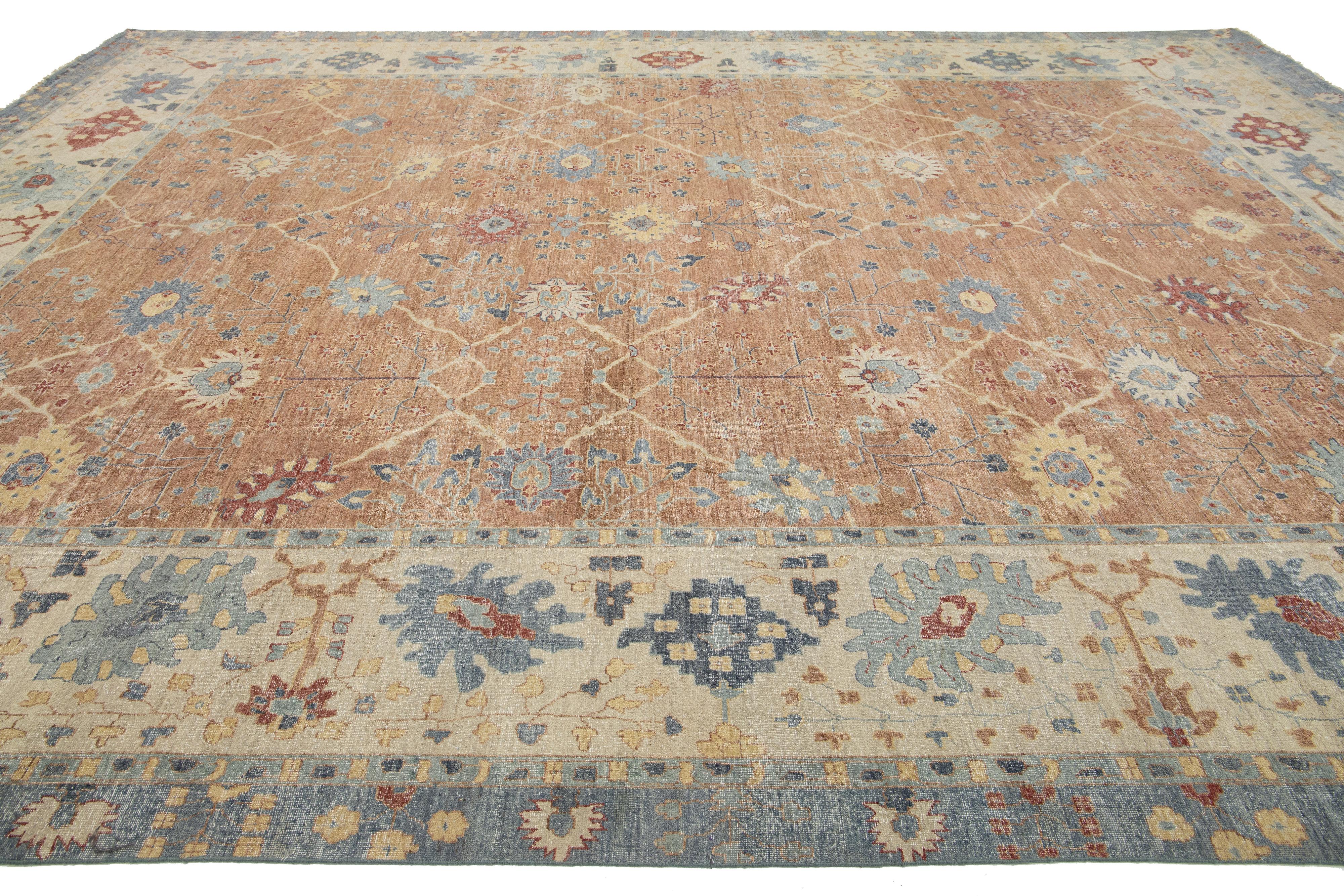 Brown Apadana's Handmade Modern Tabriz-Style Oversized Indian Wool Rug (21. Jahrhundert und zeitgenössisch) im Angebot