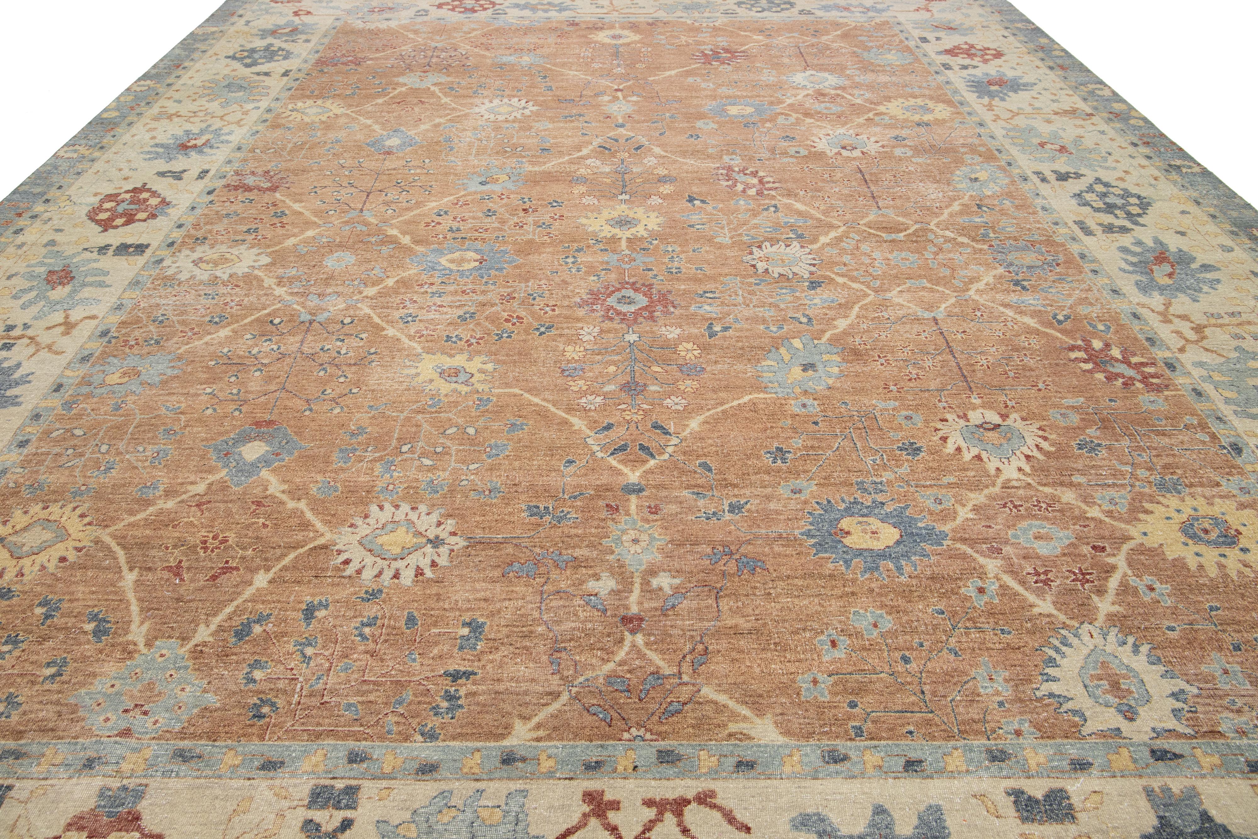 Brown Apadana's Handmade Modern Tabriz-Style Oversized Indian Wool Rug im Angebot 1