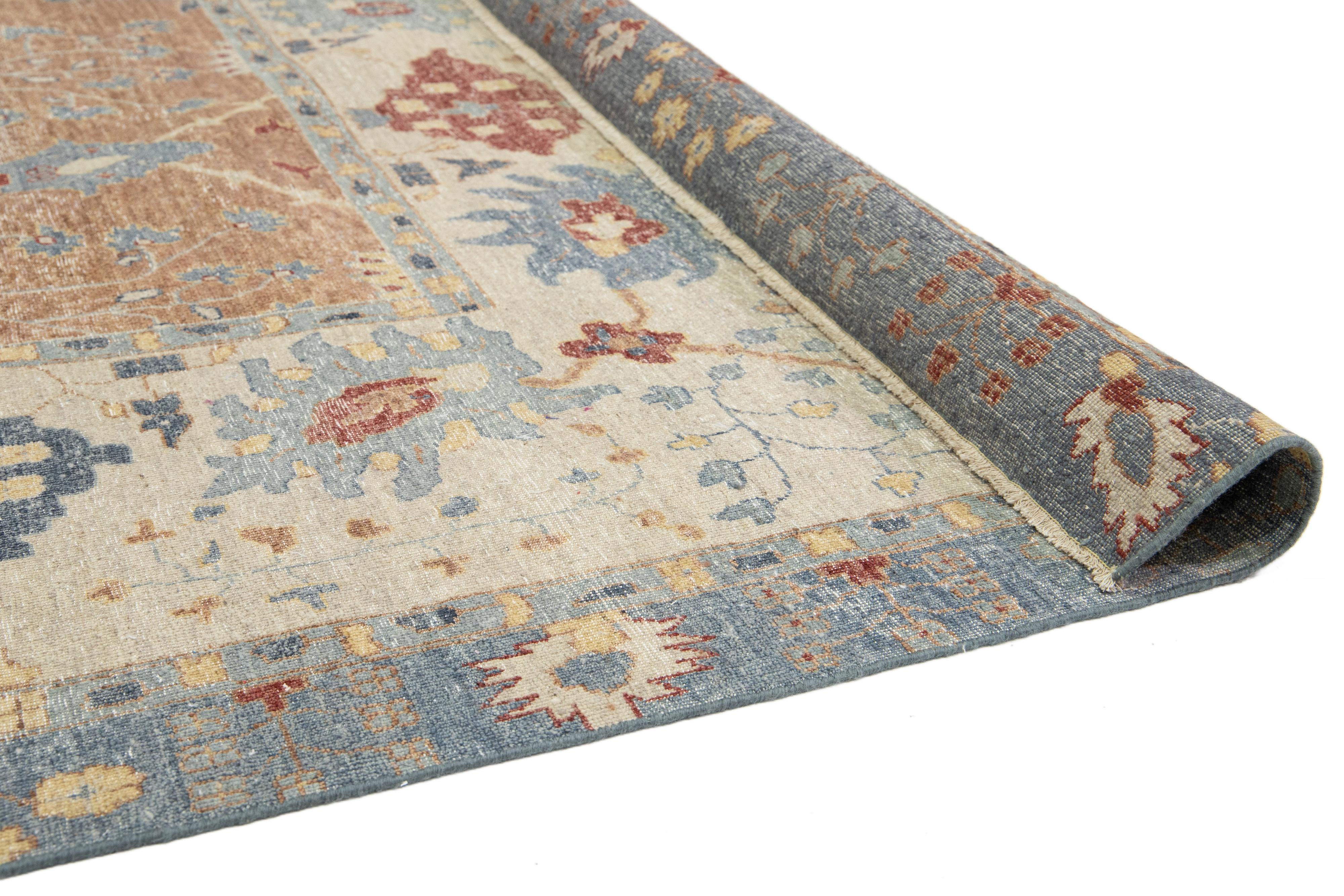 Brown Apadana's Modern Tabriz Style Handmade Indian Wool Rug (Moderne) im Angebot