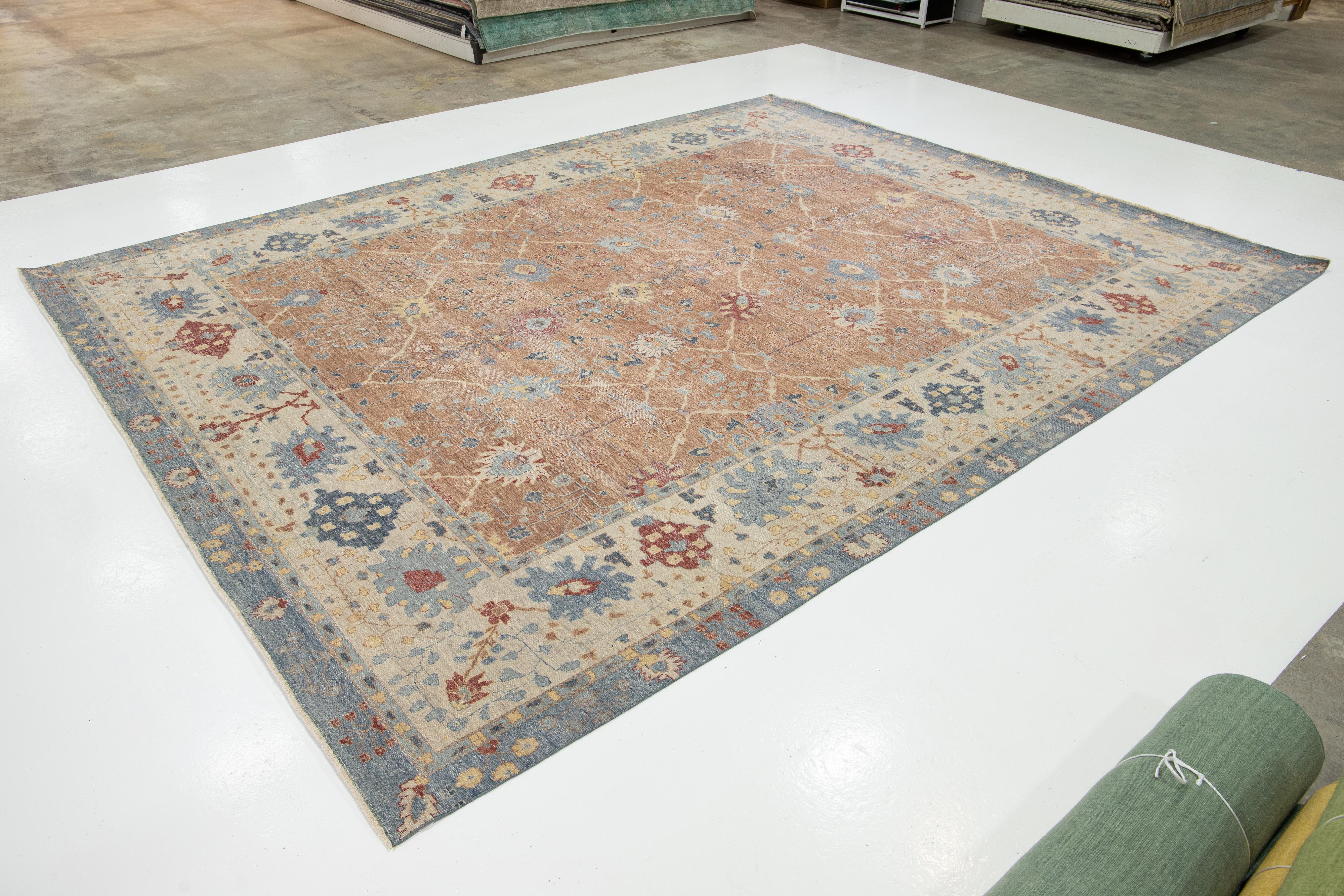 Brown Apadana's Modern Tabriz Style Handmade Indian Wool Rug (Indisch) im Angebot