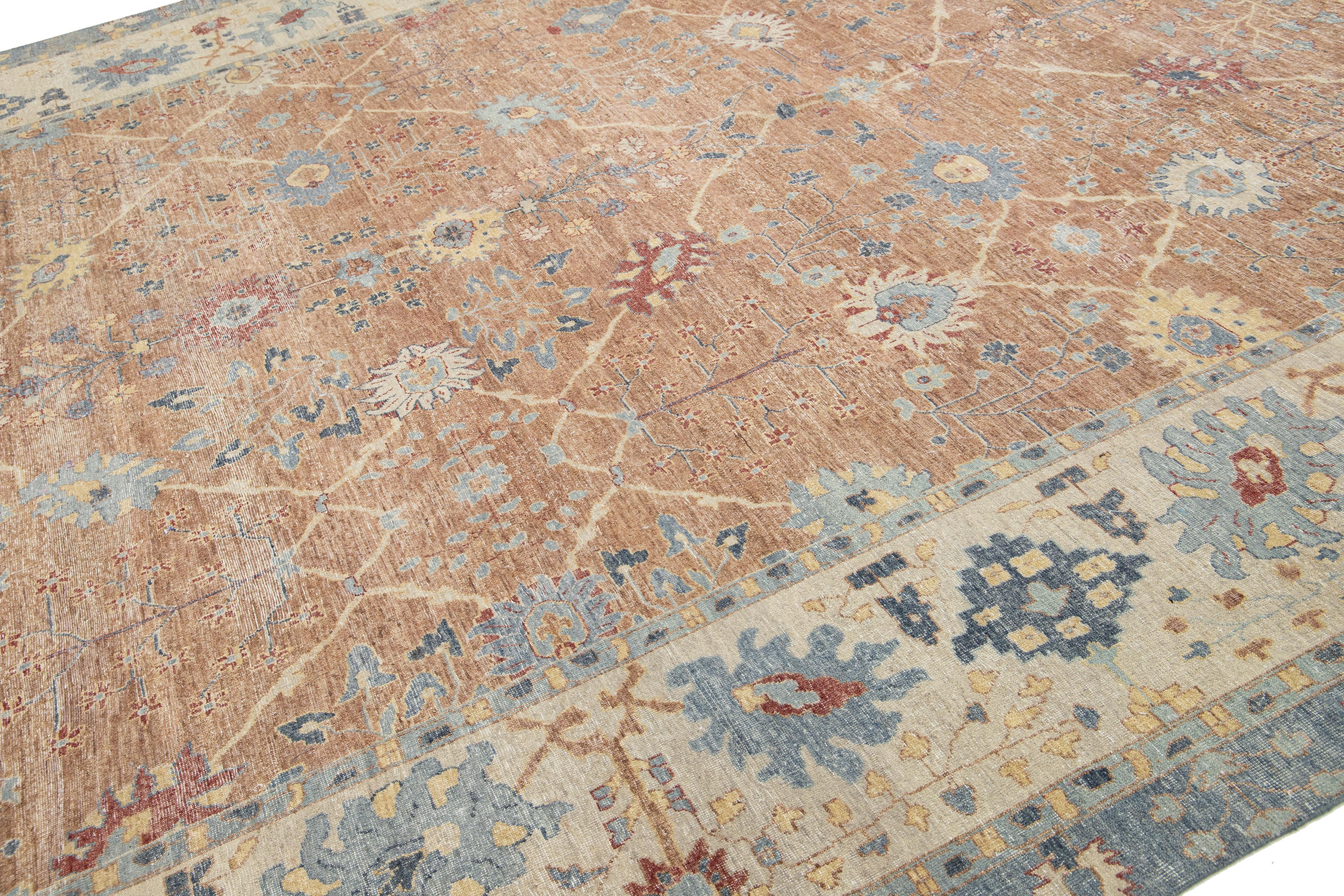 Brown Apadana's Modern Tabriz Style Handmade Indian Wool Rug (Handgeknüpft) im Angebot