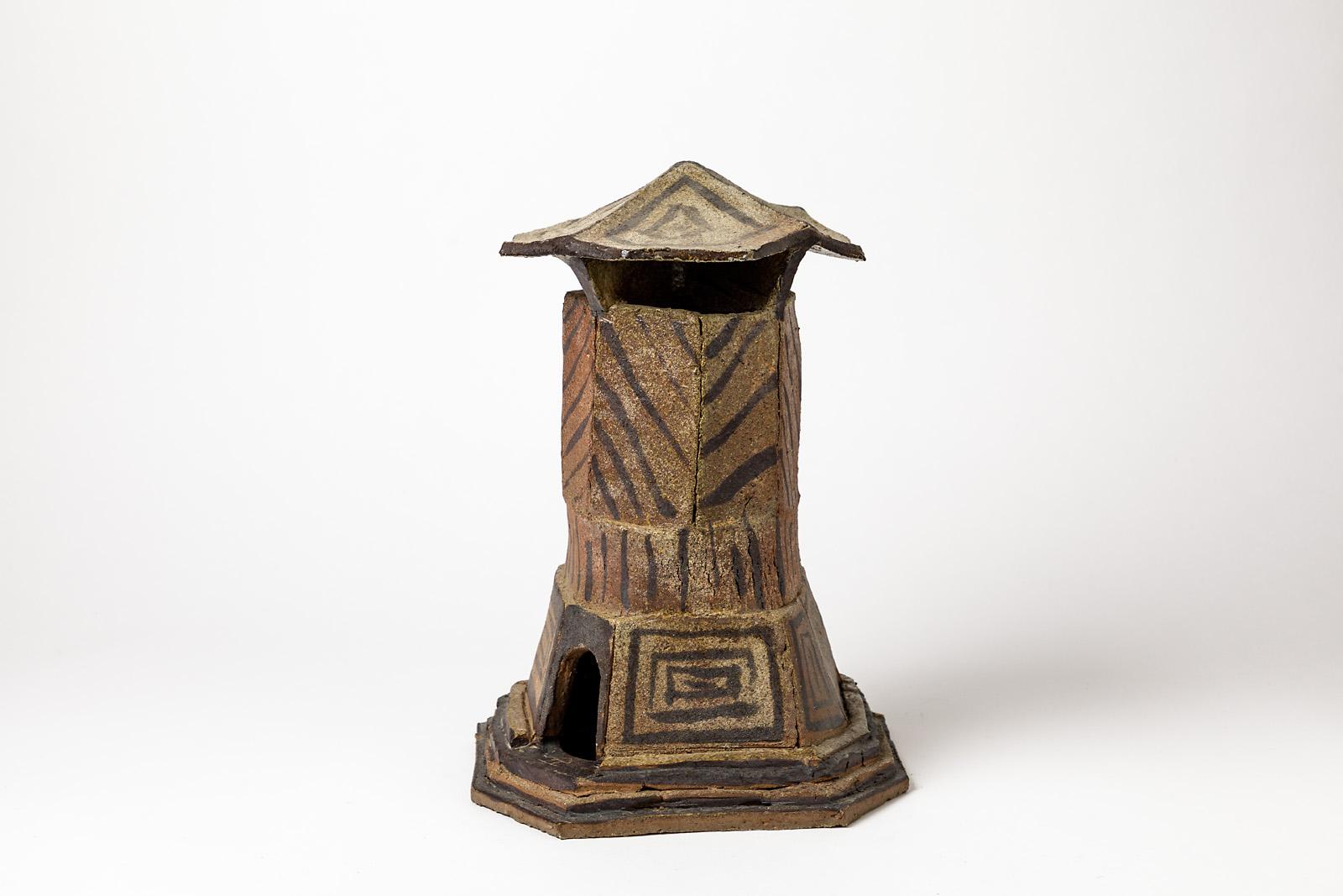 Mid-Century Modern Brown Architectural Stoneware House Ceramic Sculpture by Jacques Laroussinie For Sale