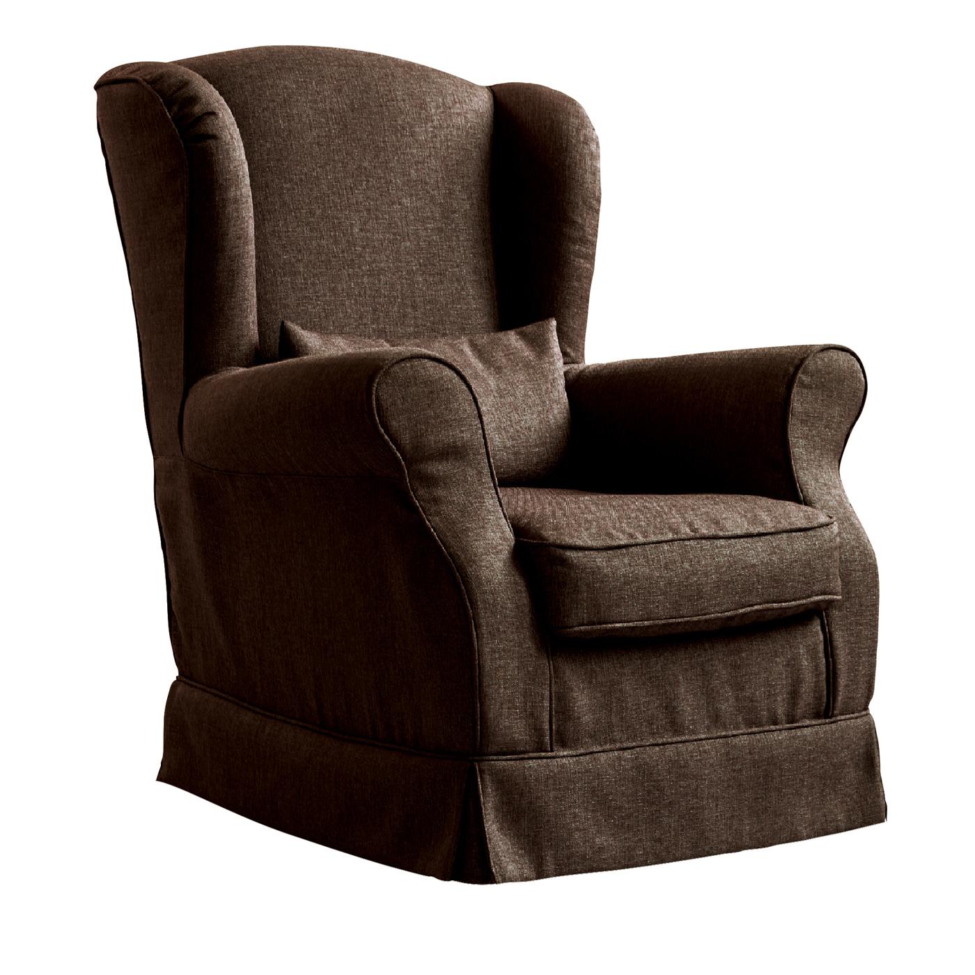 Contemporary armchair with flounce in uniform fabric in shades of brown. The straight back and the semi-rigid armrests guarantee a correct posture. The fully upholstered seat ensures comfort and freedom of movement. This piece of furniture perfectly