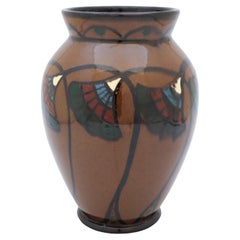 Brown Art Nouveau Vase from Upsala Ekeby, Sweden with Floral decor. 