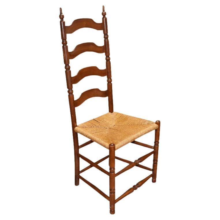 Brown Arts and Crafts Ladder Back Wooden Dining Chair with Natural Woven Seat