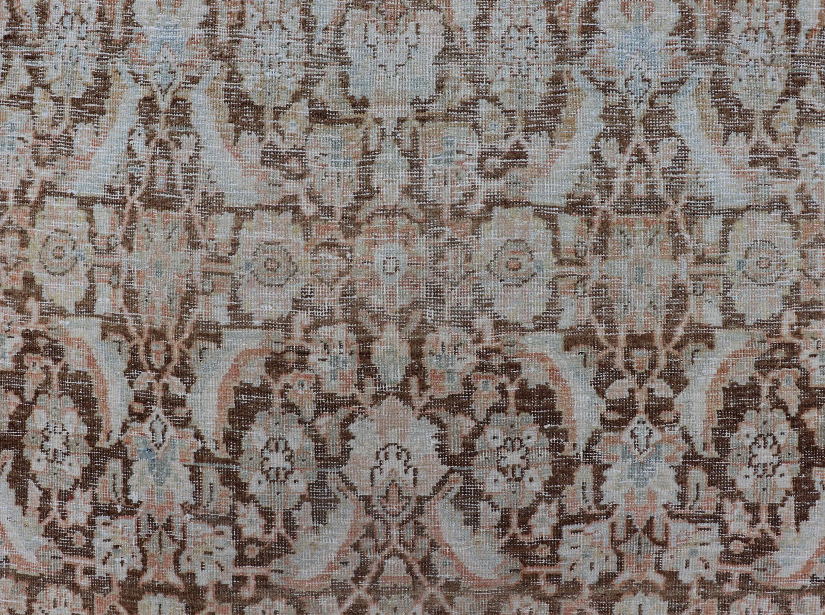 Brown Background Antique Persian Mahal with All-Over Floral Design in Orange For Sale 3