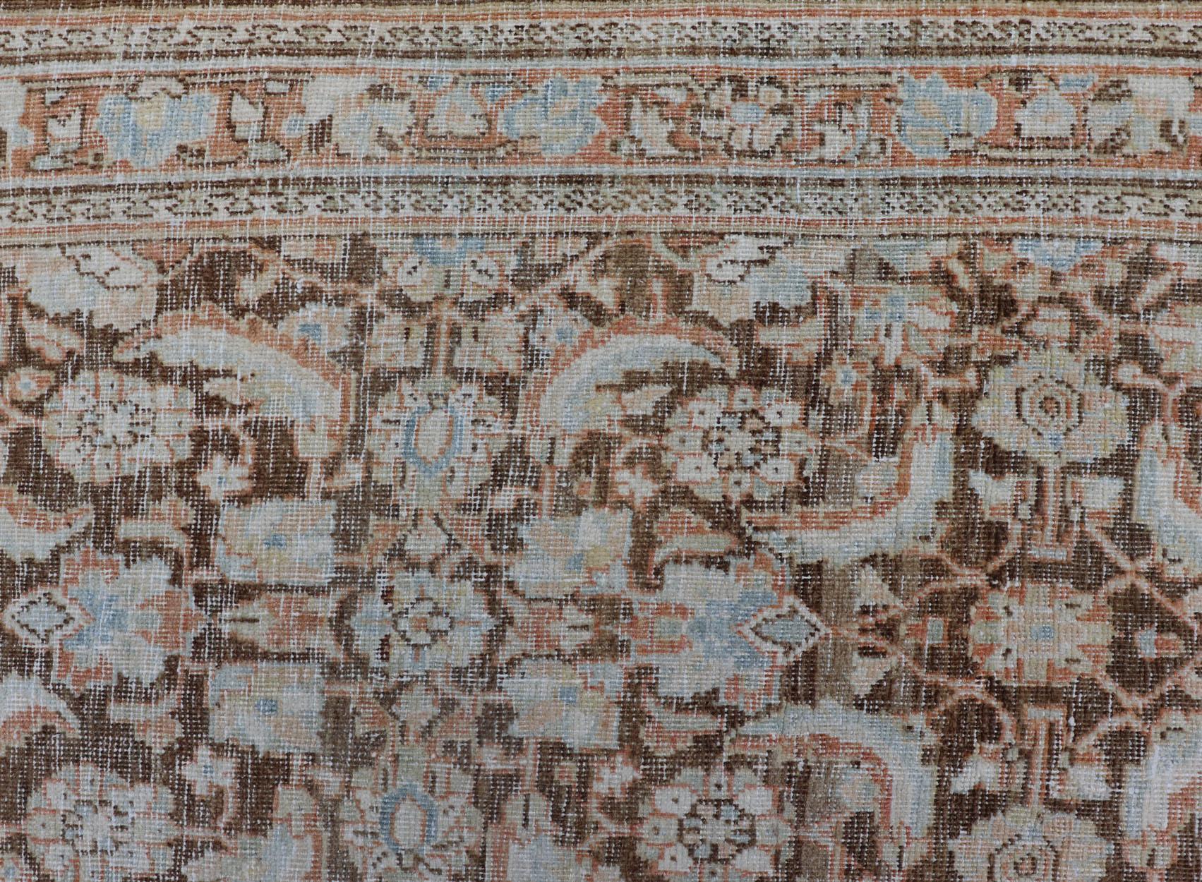 Brown Background Antique Persian Mahal with All-Over Floral Design in Orange For Sale 4