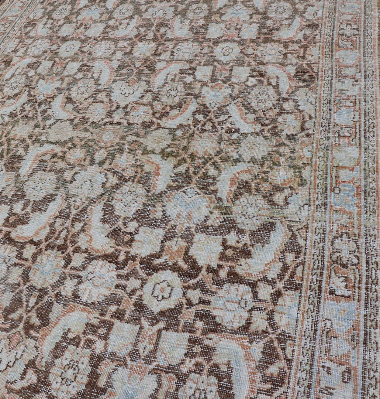 Brown Background Antique Persian Mahal with All-Over Floral Design in Orange For Sale 5