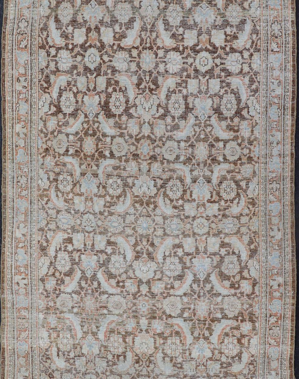 Sultanabad Brown Background Antique Persian Mahal with All-Over Floral Design in Orange For Sale