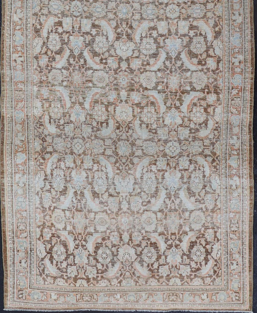 Hand-Knotted Brown Background Antique Persian Mahal with All-Over Floral Design in Orange For Sale