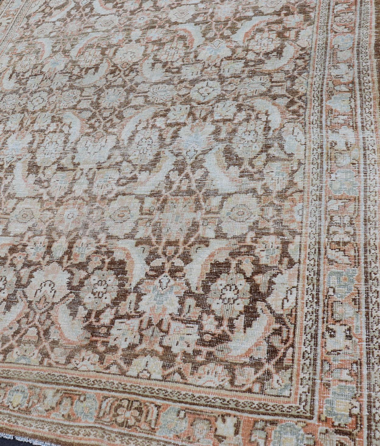 Brown Background Antique Persian Mahal with All-Over Floral Design in Orange In Good Condition For Sale In Atlanta, GA