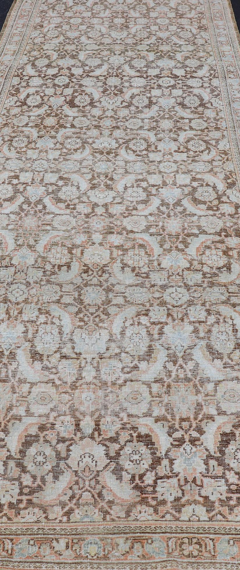 20th Century Brown Background Antique Persian Mahal with All-Over Floral Design in Orange For Sale