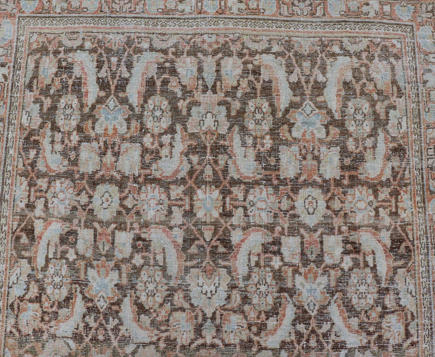 Brown Background Antique Persian Mahal with All-Over Floral Design in Orange For Sale 2