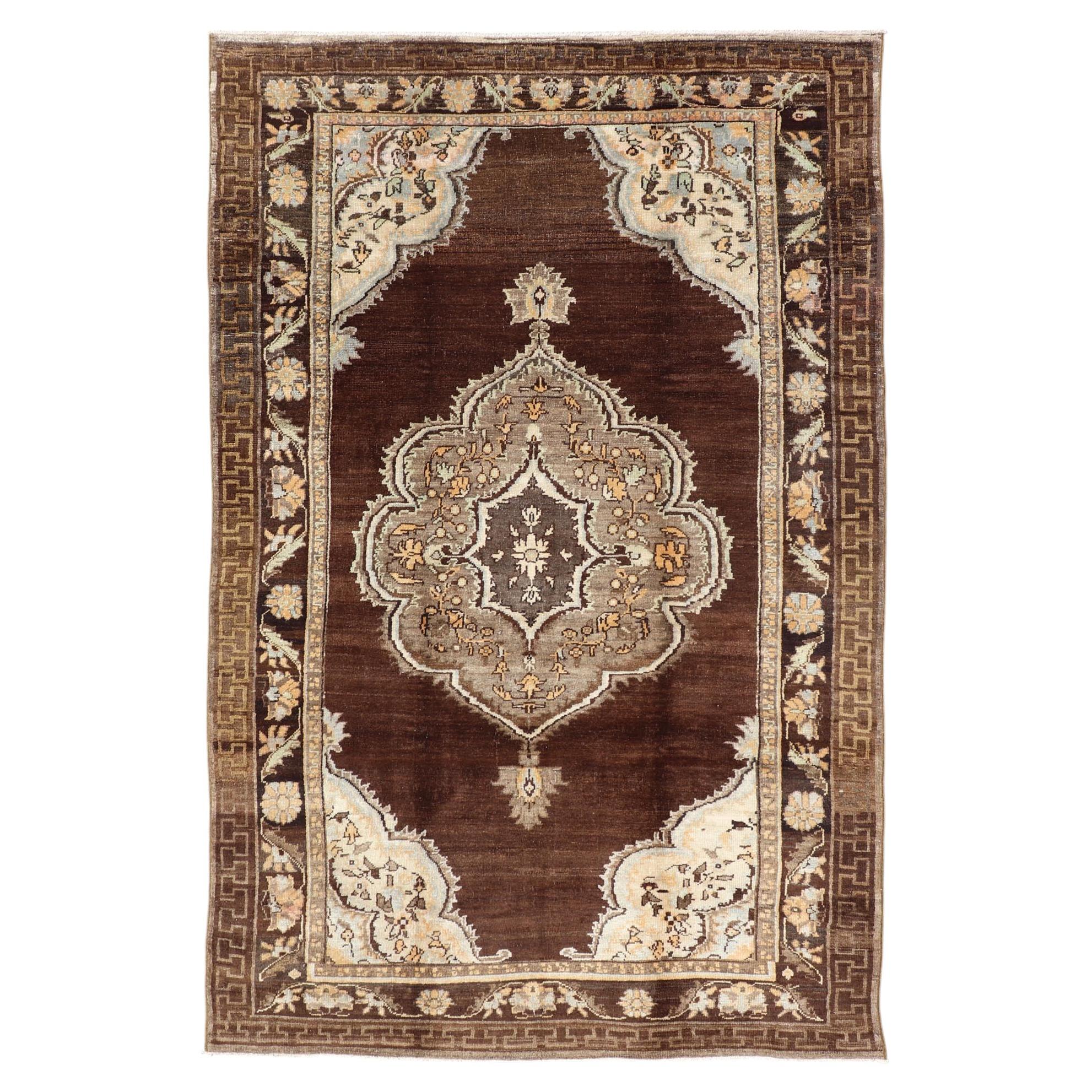 Brown Background Floral Medallion Vintage Turkish Kars Rug in Ivory and Taupe
