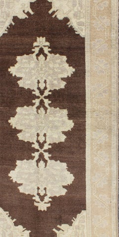 Brown Background Vintage Turkish Oushak Runner with Medallions in Cream & Ivory