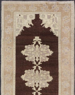 Brown Background Vintage Turkish Oushak Runner with Medallions in Cream & Ivory
