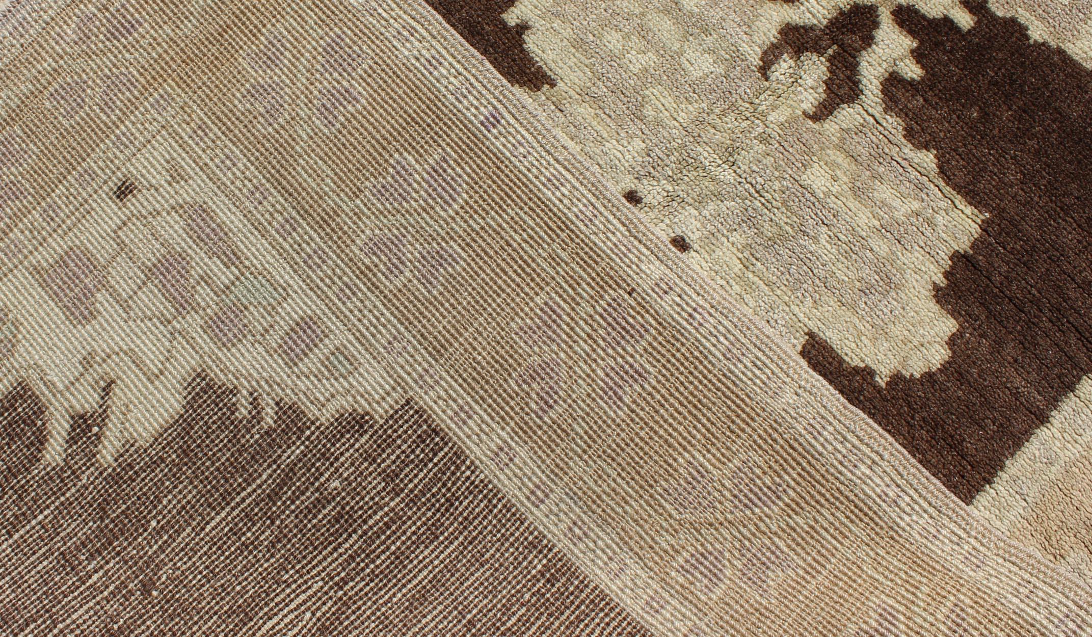 Wool Brown Background Vintage Turkish Oushak Runner with Medallions in Cream & Ivory For Sale