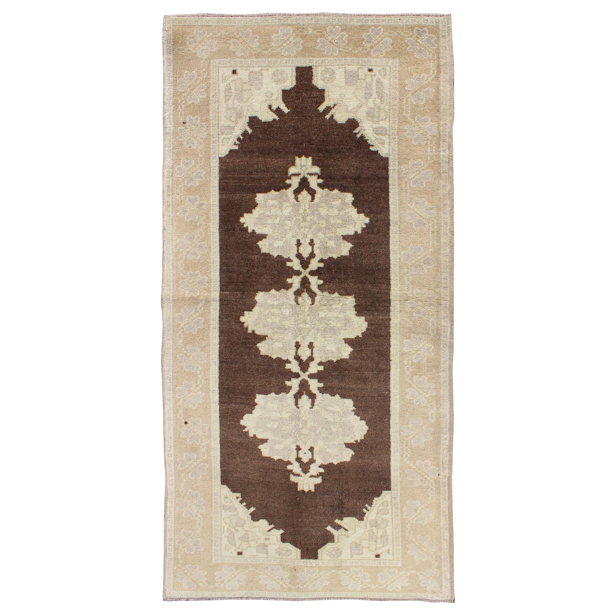 Brown Background Vintage Turkish Oushak Runner with Medallions in Cream & Ivory