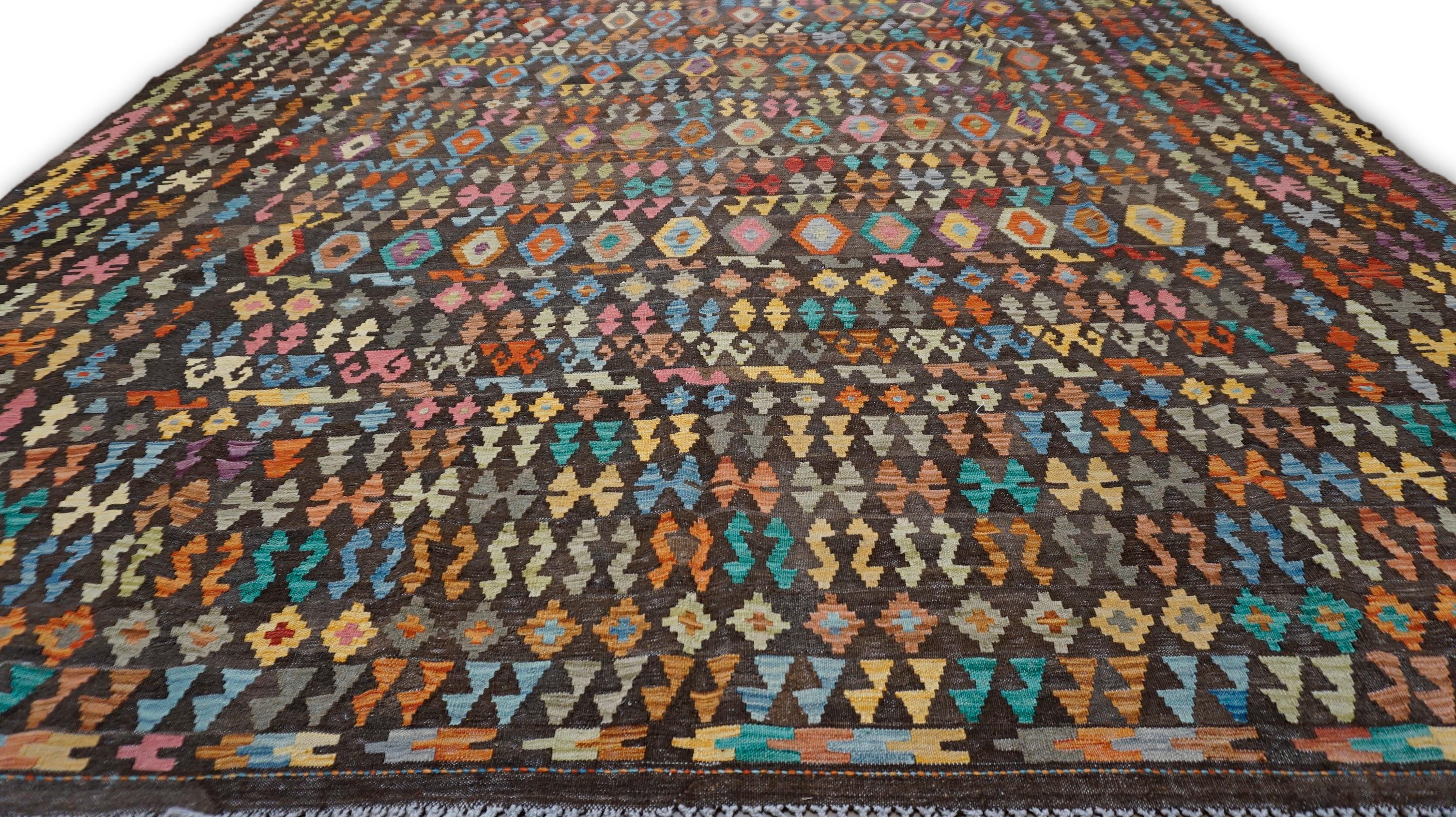 Base marrón con estampado multicolor Kilim de lana 10'4''x15'7'' Lana en venta