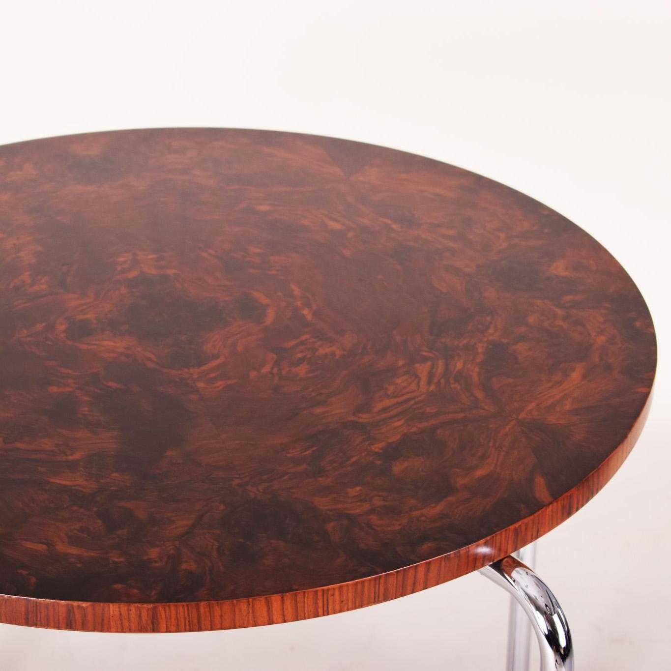 Mid-20th Century Brown Bauhaus Table Made in 1930s Czechia, Fully Restored Walnut and Chrome For Sale