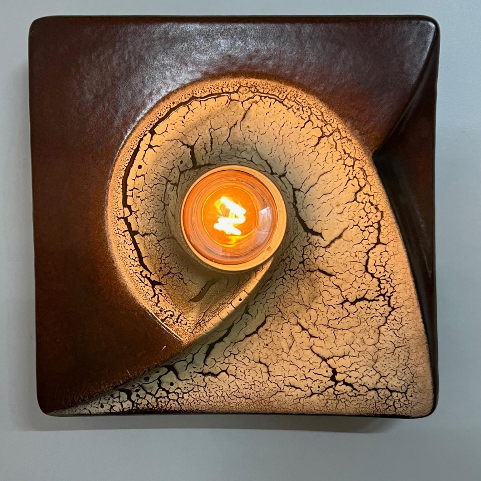 Mid-Century Modern Brown Beige Square Ceramic Wall Lights by Hustadt Keramik, Germany, 1970 For Sale