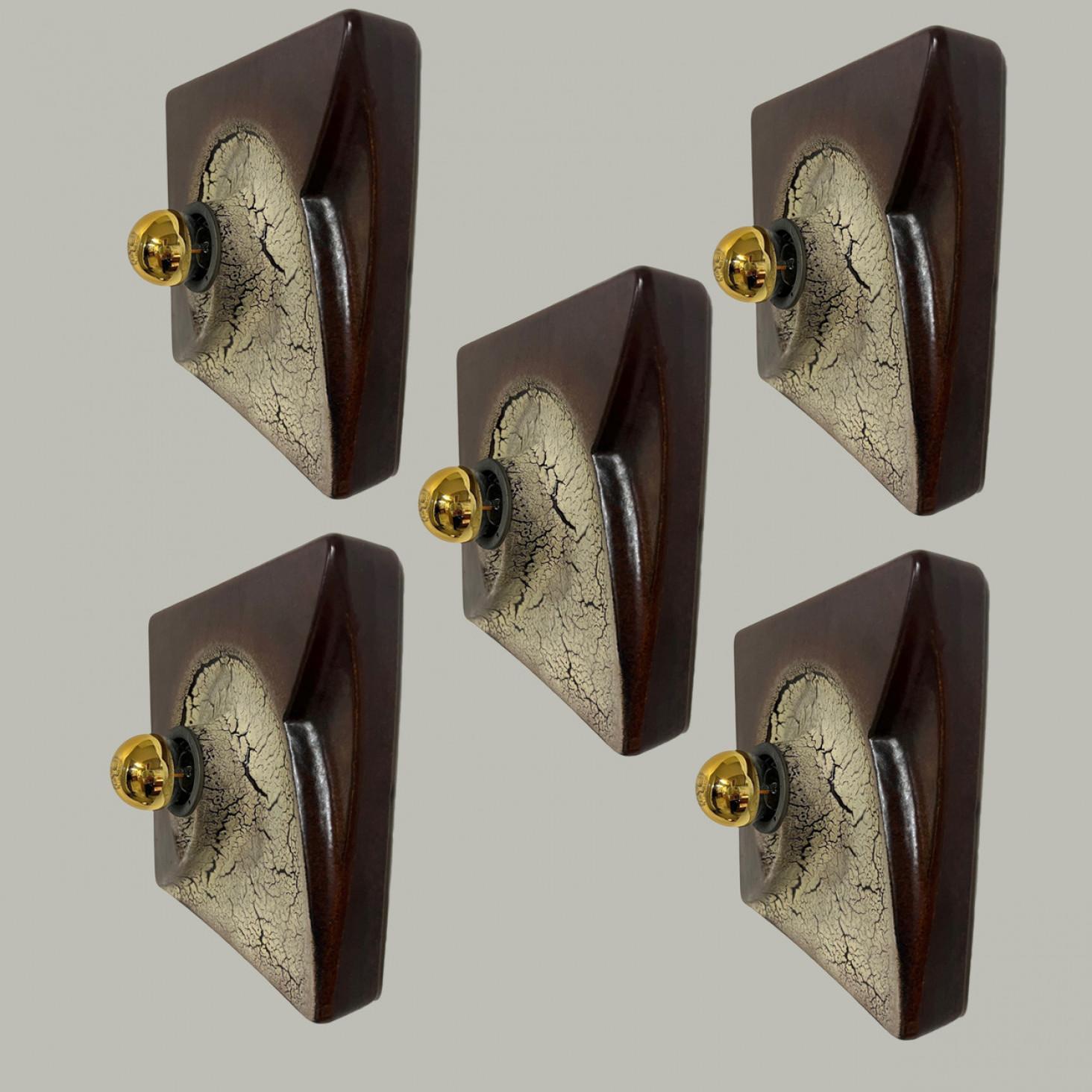 Brown Beige Square Ceramic Wall Lights by Hustadt Keramik, Germany, 1970 In Good Condition For Sale In Rijssen, NL
