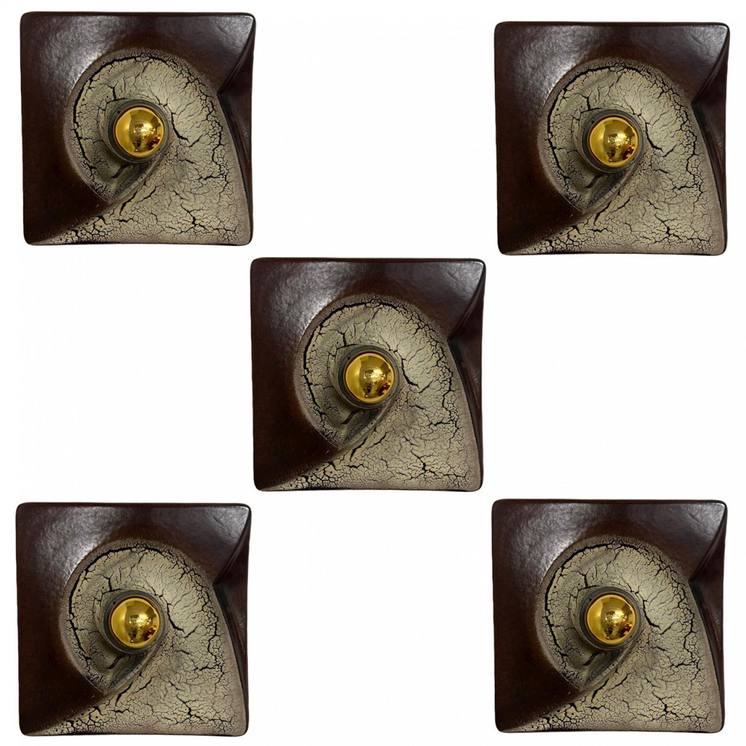 20th Century Brown Beige Square Ceramic Wall Lights by Hustadt Keramik, Germany, 1970 For Sale