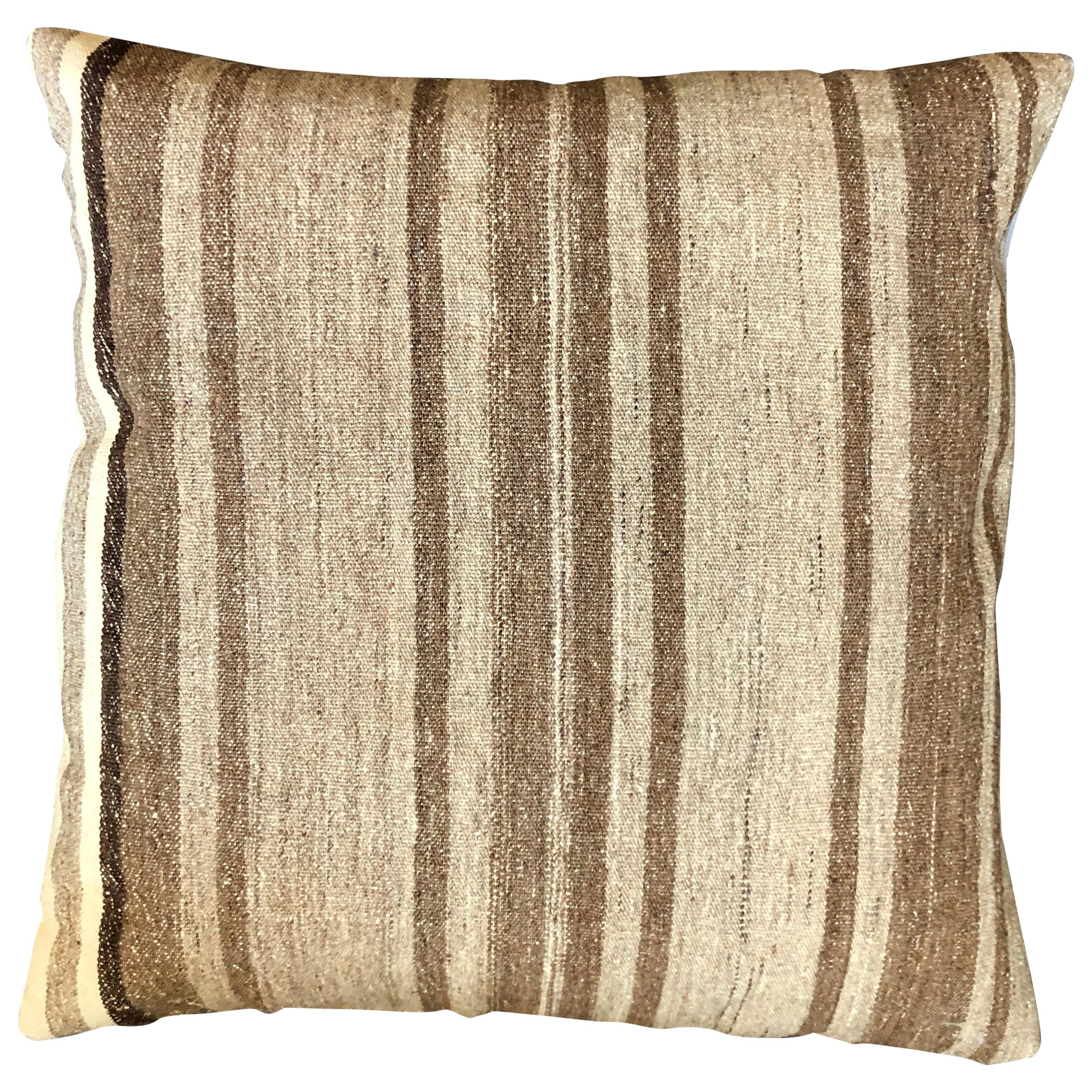 Brown and Beige Striped Wool Pillow by Le Lampade For Sale