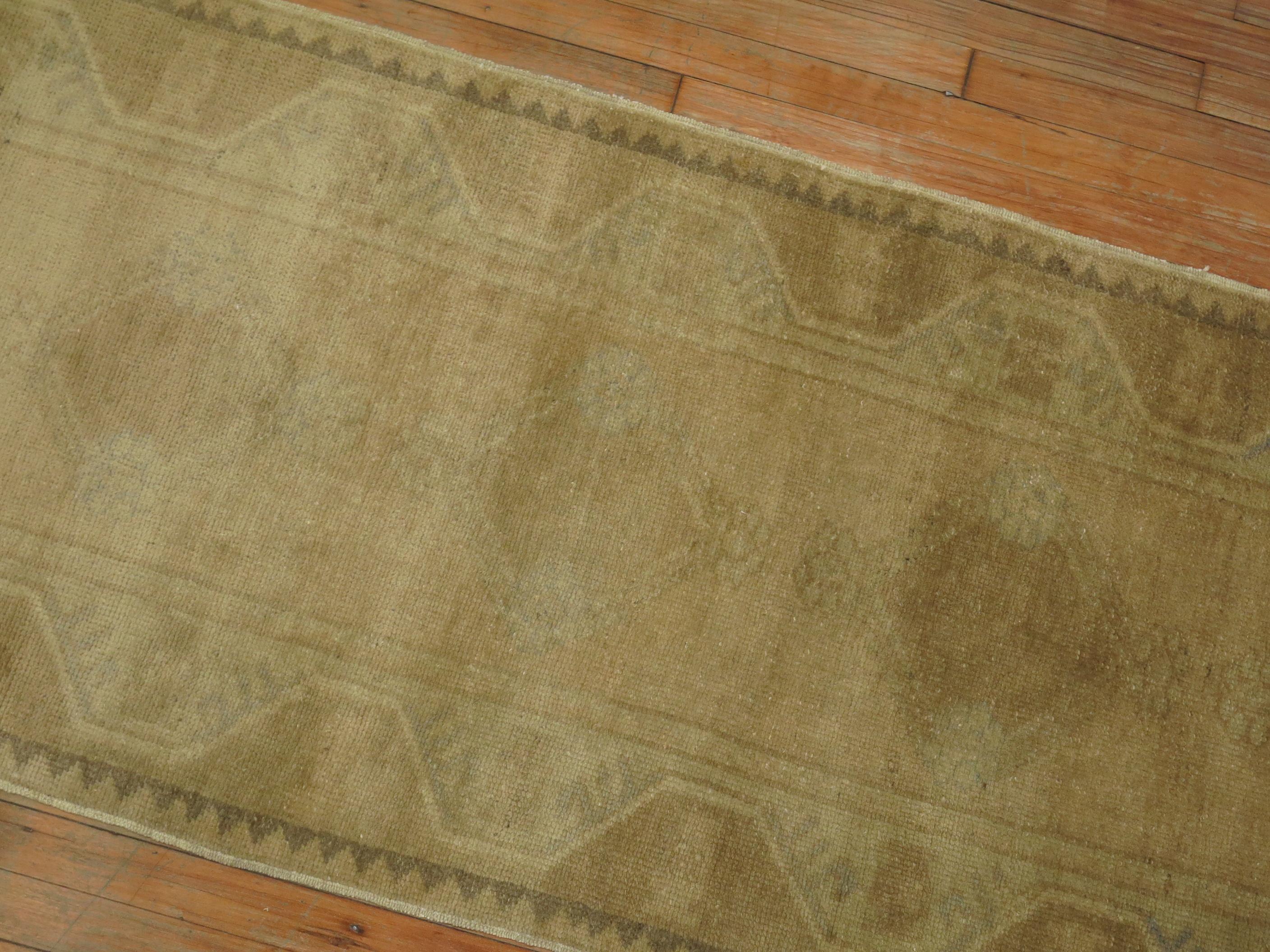 Hand-Knotted Brown Beige Turkish Oushak Runner For Sale