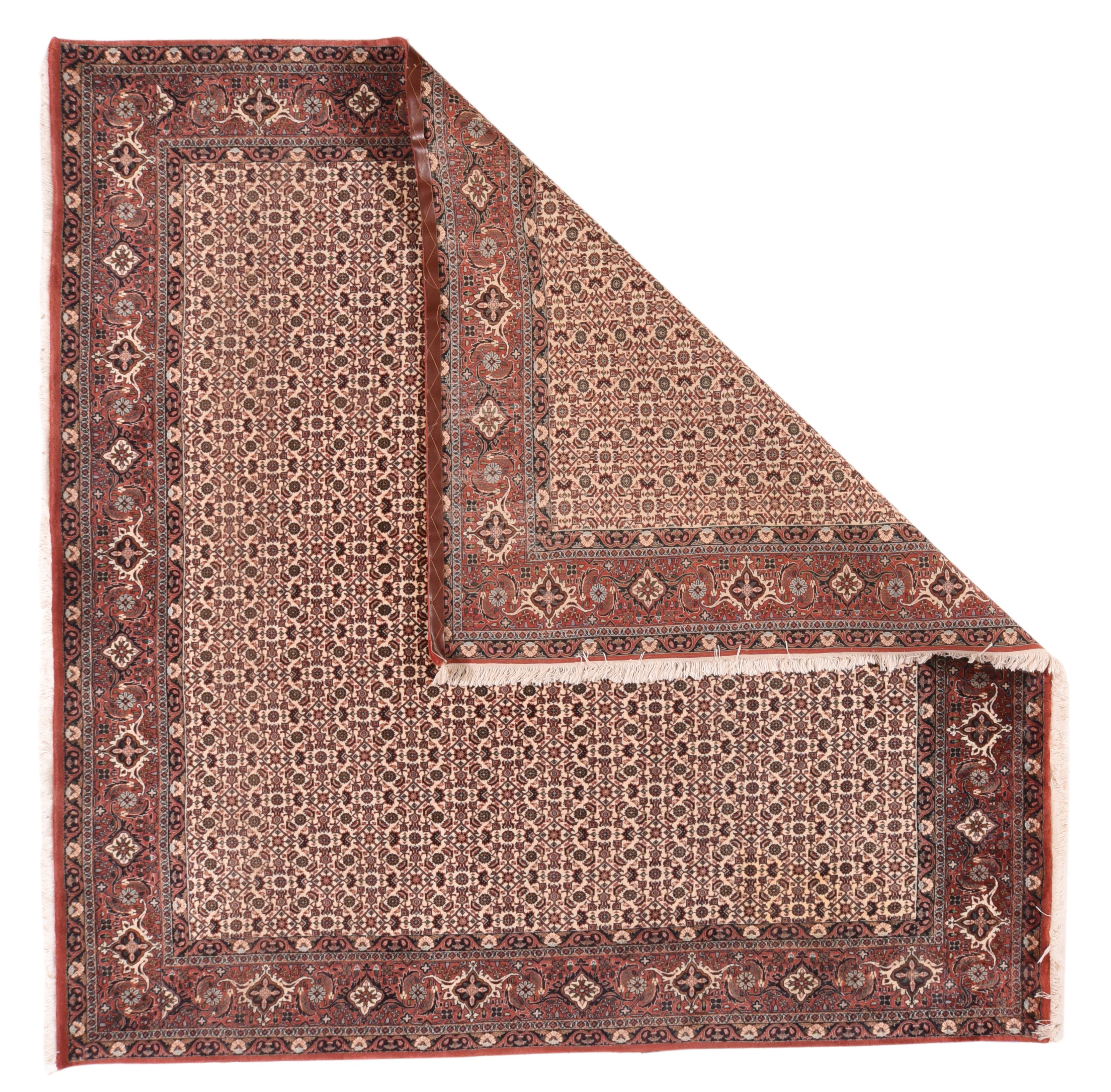 This modern Kurdish town rug of uncommon format, shows an ecru field very evenly patterned with a formal, small-scale allover Herati design, within a border system including a coral red main stripe with a reversing ragged turtle palmette pattern.