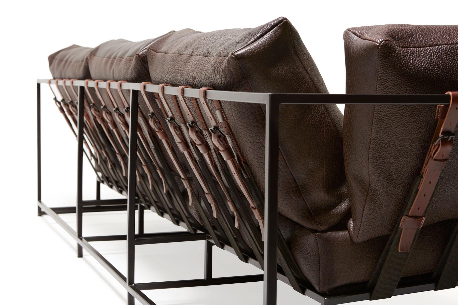 Modern Brown Bison Leather and Blackened Steel Sofa For Sale