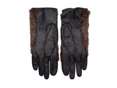 Brown & Black Chanel Fur & Leather Gloves Size 6.5