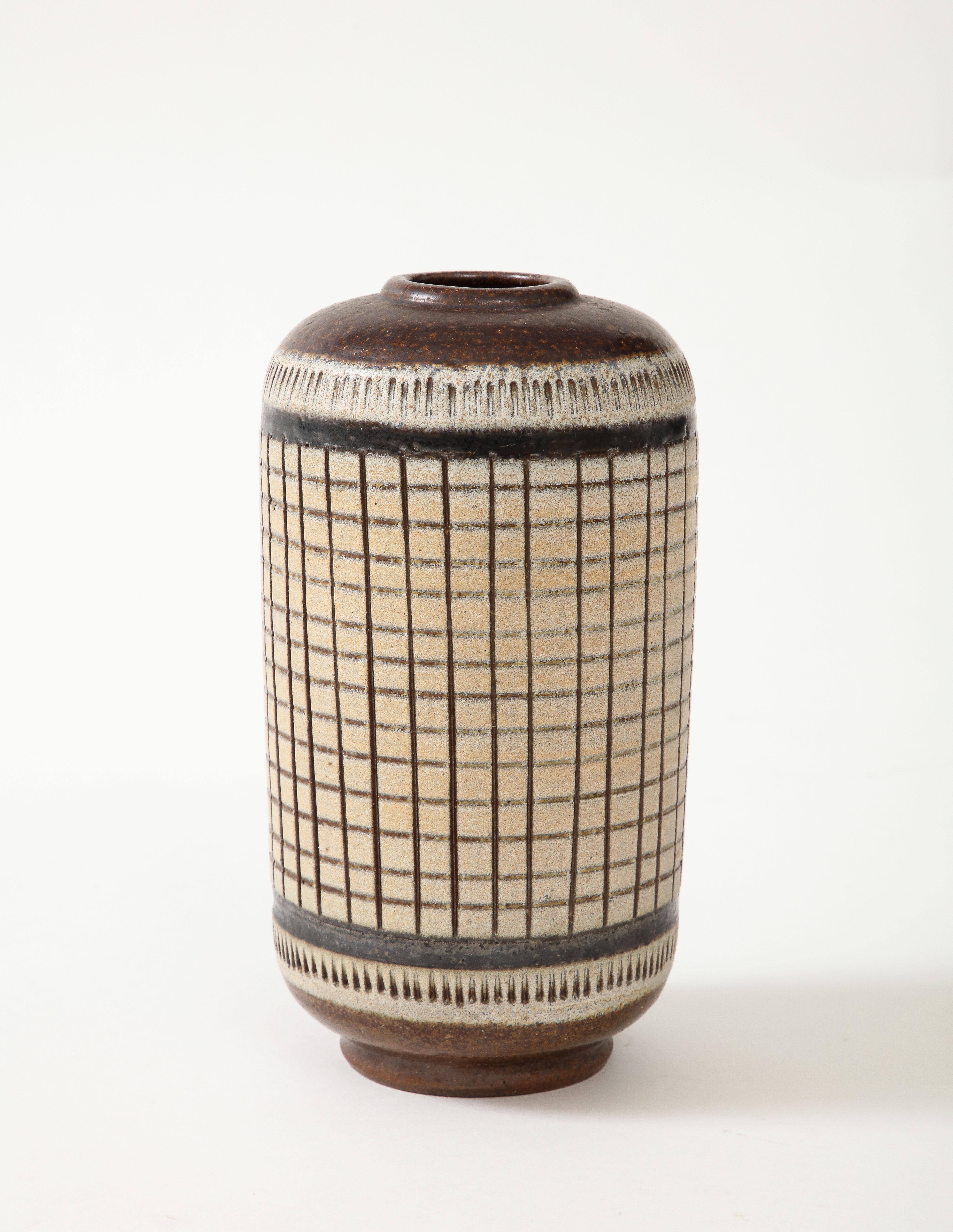 Swedish Brown, Black, Cream Glazed Vase, Grid Pattern, Walläkra, Sweden, 1950, Signed