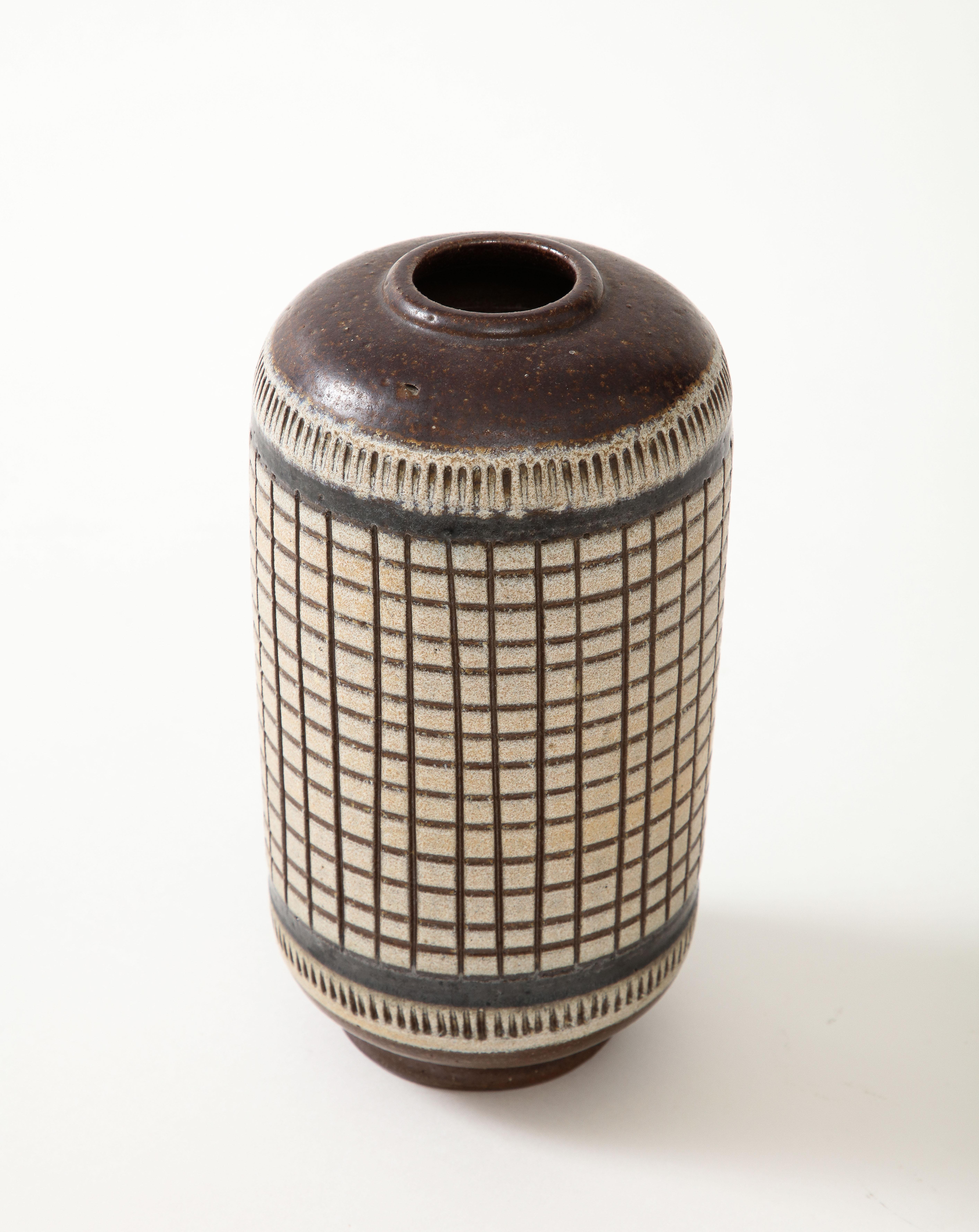 Ceramic Brown, Black, Cream Glazed Vase, Grid Pattern, Walläkra, Sweden, 1950, Signed