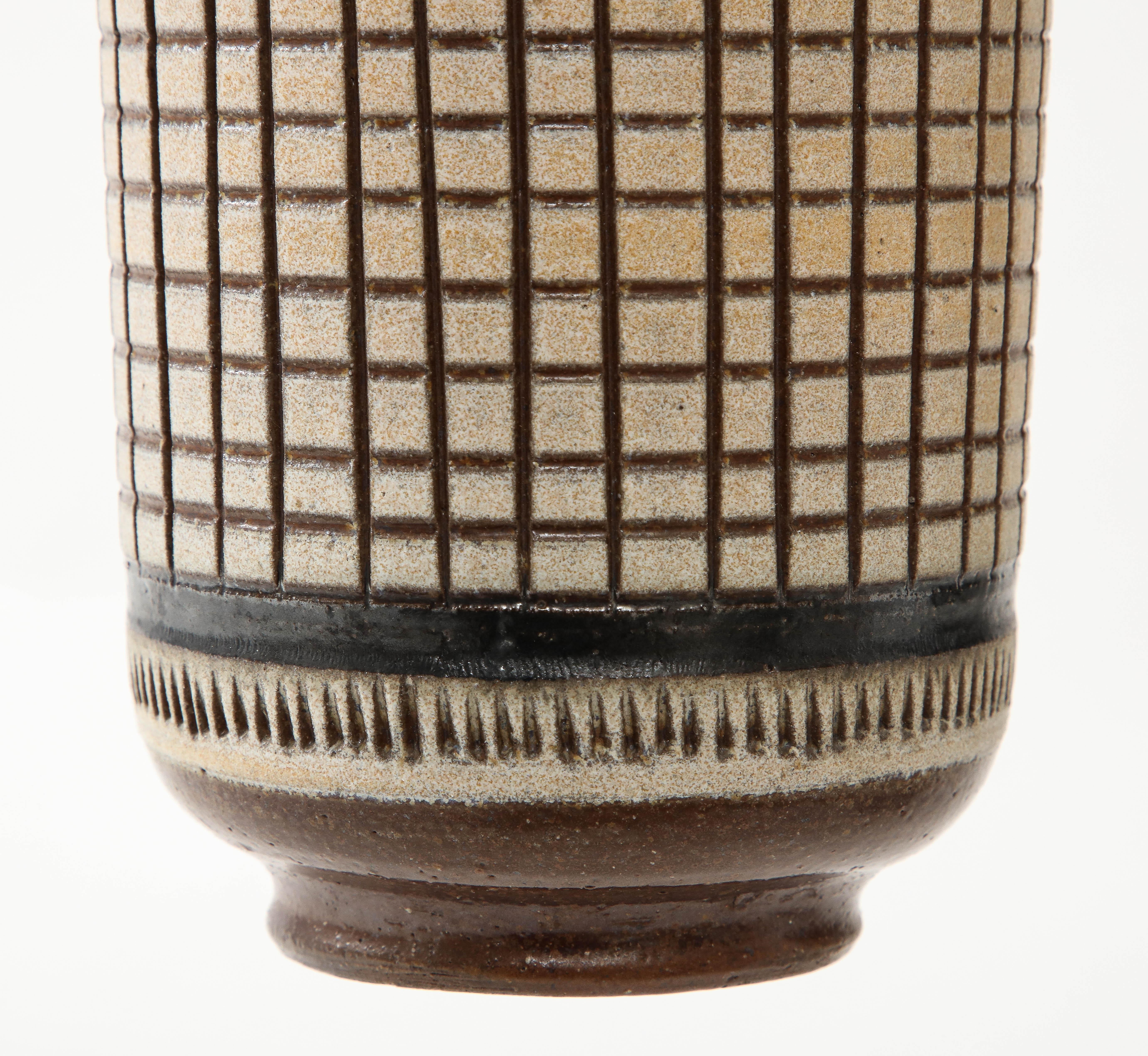 Brown, Black, Cream Glazed Vase, Grid Pattern, Walläkra, Sweden, 1950, Signed 2