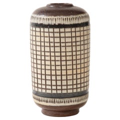 Brown, Black, Cream Glazed Vase, Grid Pattern, Walläkra, Sweden, 1950, Signed