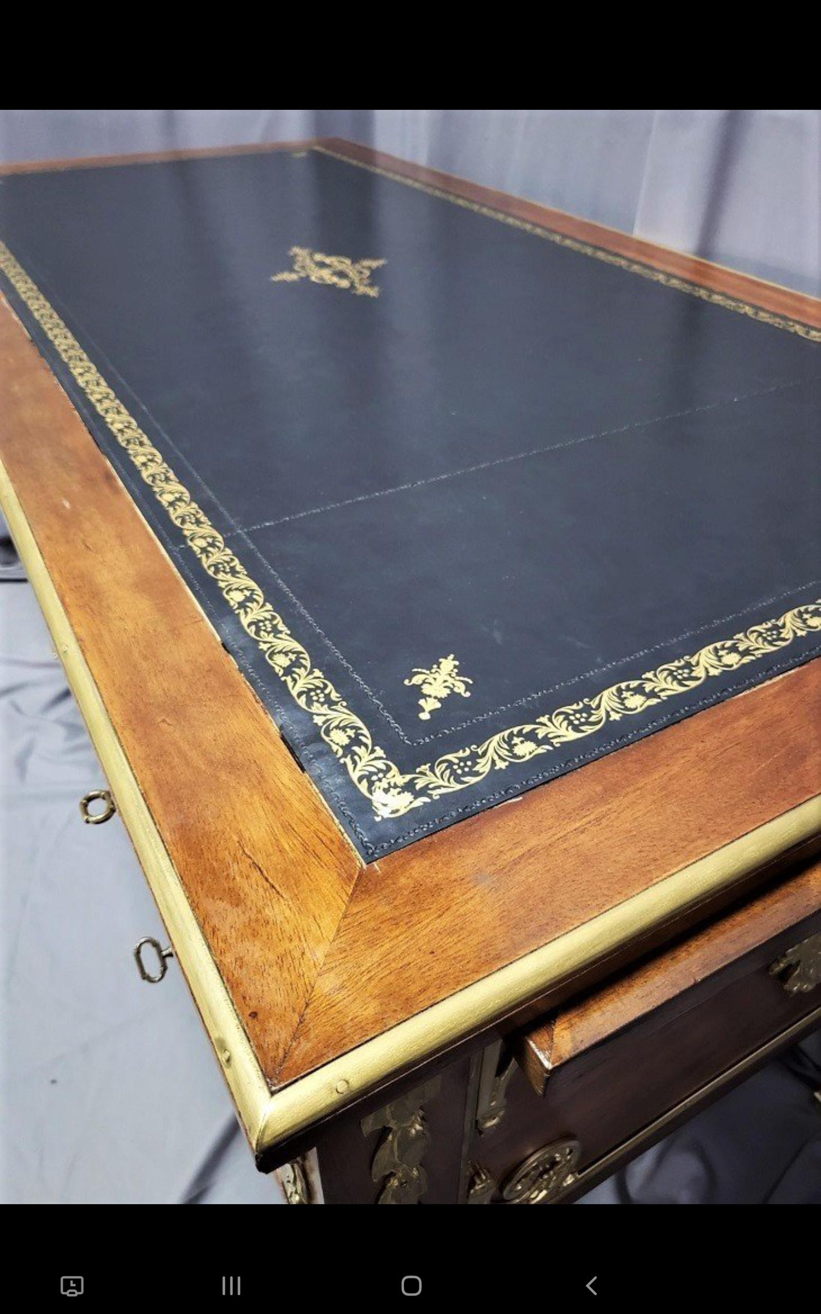 Faux Leather Brown Black Desk Table, Boulle Louis XVI, France, 19th Cent