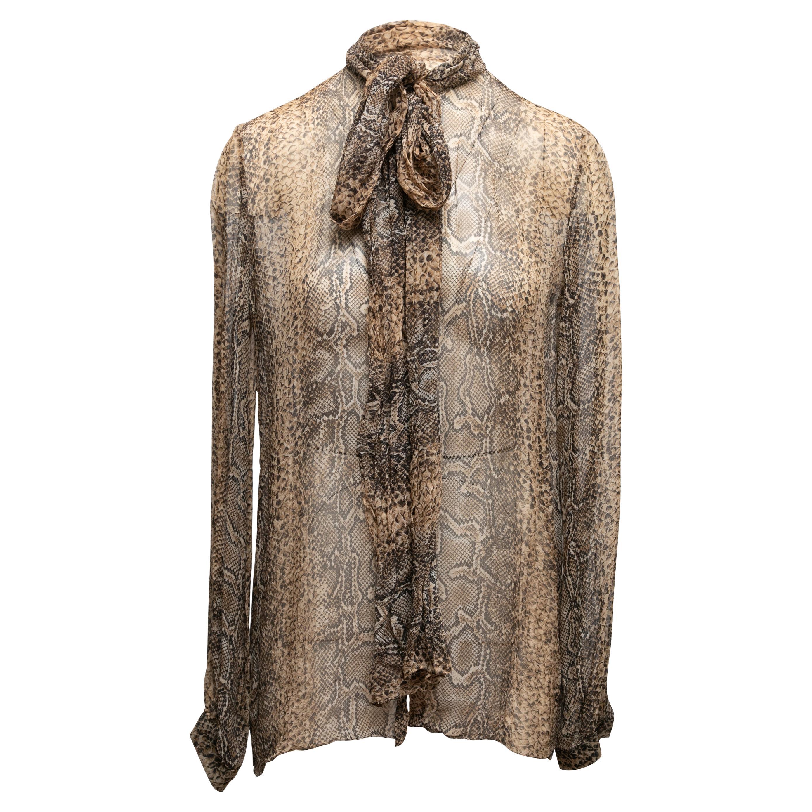 Brown & Black Dolce & Gabbana Snakeskin Print Sheer Pussy Bow Blouse Size IT 44 For Sale