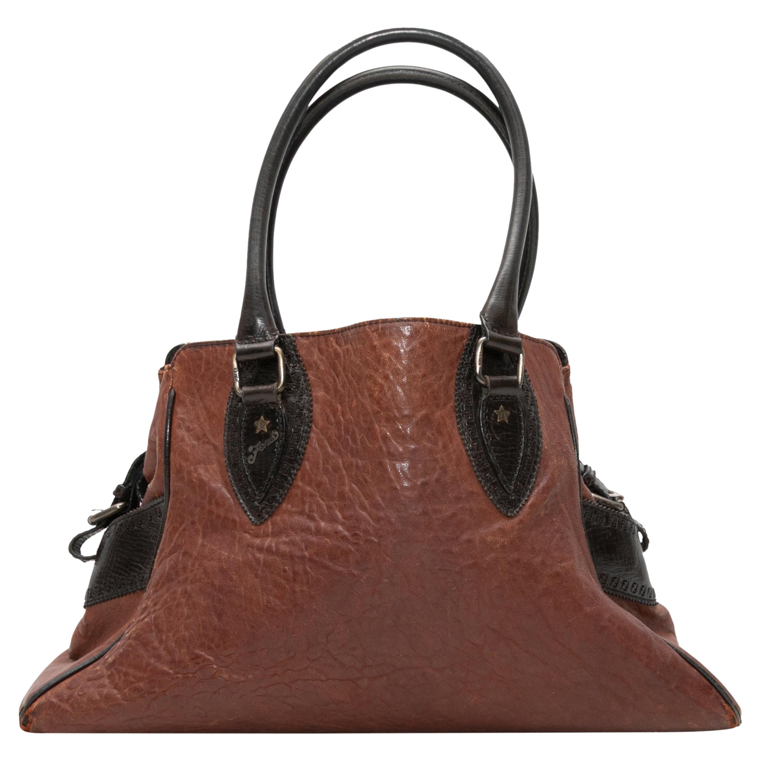 Brown & Black Fendi Du Jour Leather Handbag For Sale