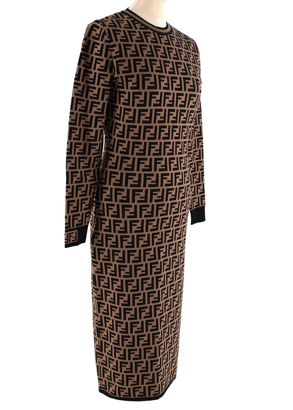 Fendi Tobacco Brown Fendi Monogram Knit Dress 

- Lightweight stretch knit viscose with allover FF monogram
- Round neck, long sleeve with ribbed collar, cuffs, and hem
- Close-fitting, finishing below the knee
- Unlined 

Materials 
67% Viscose
33%