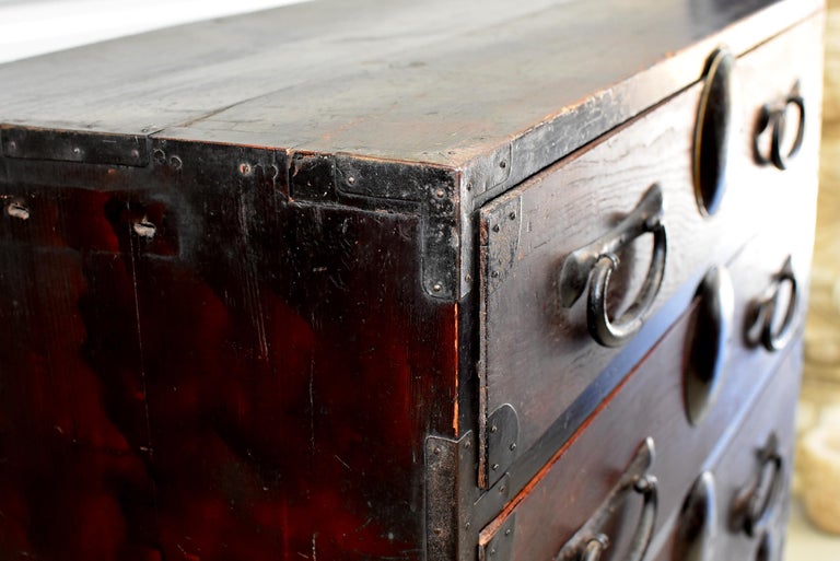 Brown Black Japanese Tansu Chest With Iron Hardware Meiji Period