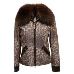 Brown & Black Les Copains Leopard Print Fox Fur Trimmed Jacket Größe IT 40