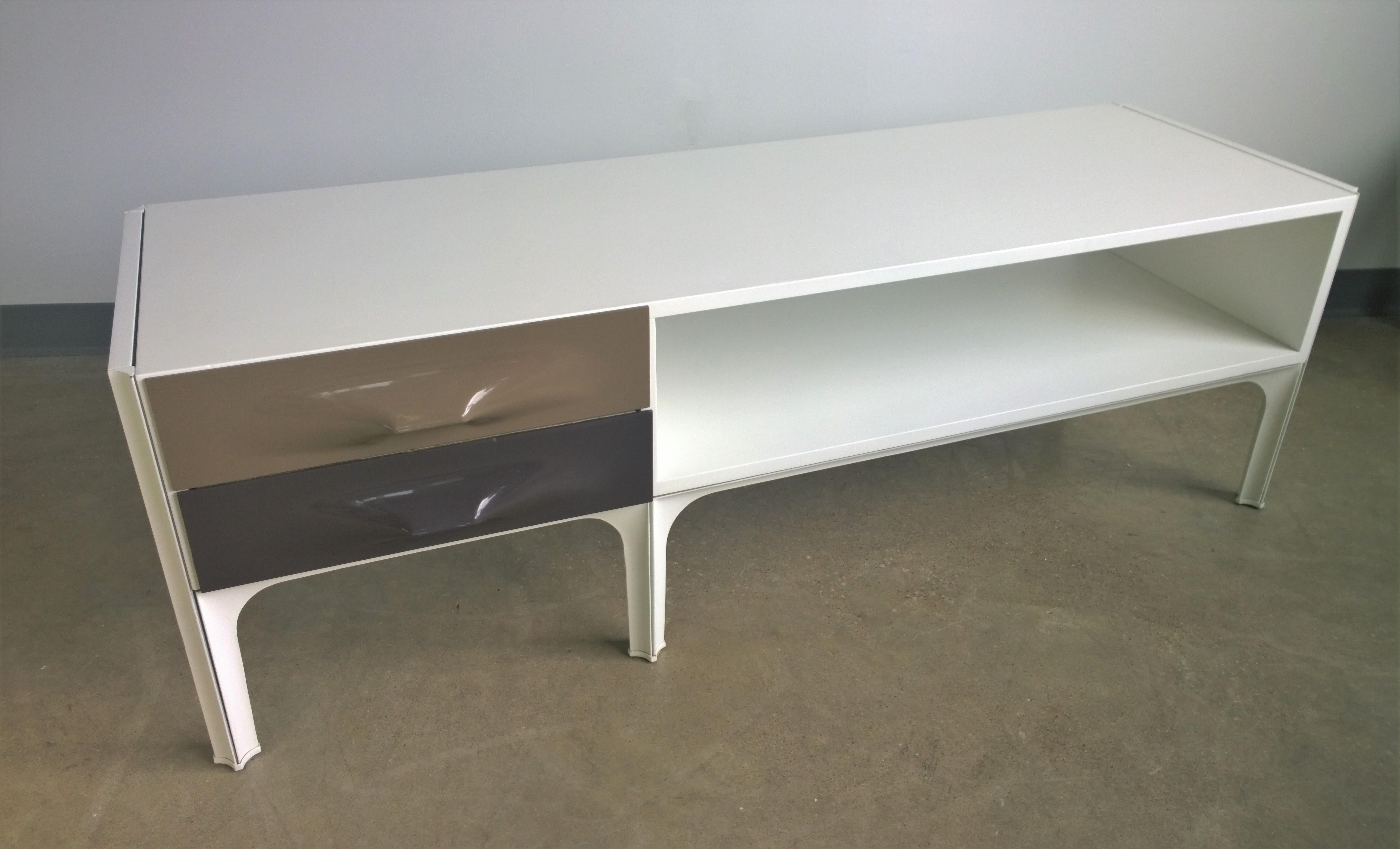 French Brown & Black Two Drawer Molded Plastic & White Laminate Coffee / Console Table For Sale