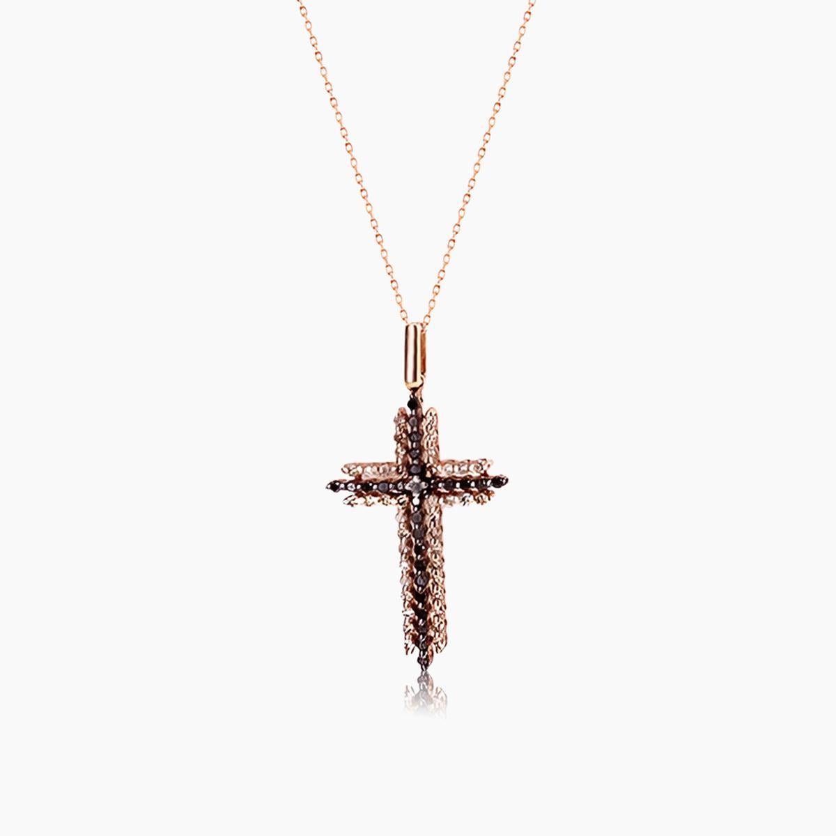 Mixed Cut Brown Black & White Diamond 18K Rose Gold Cross Pendant Necklace For Sale