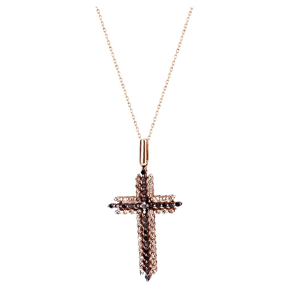 Collar Colgante Cruz Marrón Negro y Diamante Blanco Oro Rosa 18K