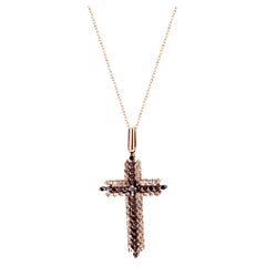 Brown Black & White Diamond 18K Rose Gold Cross Pendant Necklace