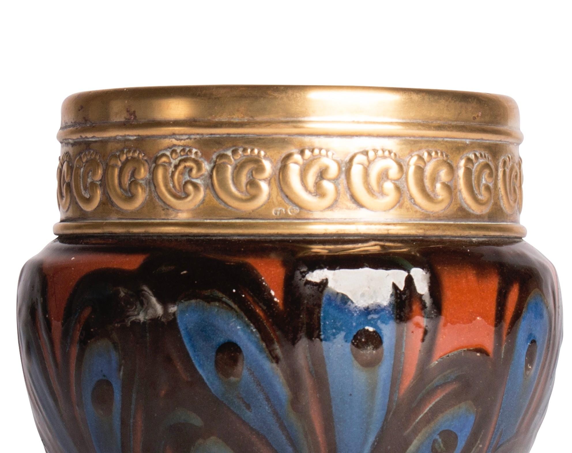 Danish Brown, blue and red glazed vase with gold plated silverplate mount For Sale