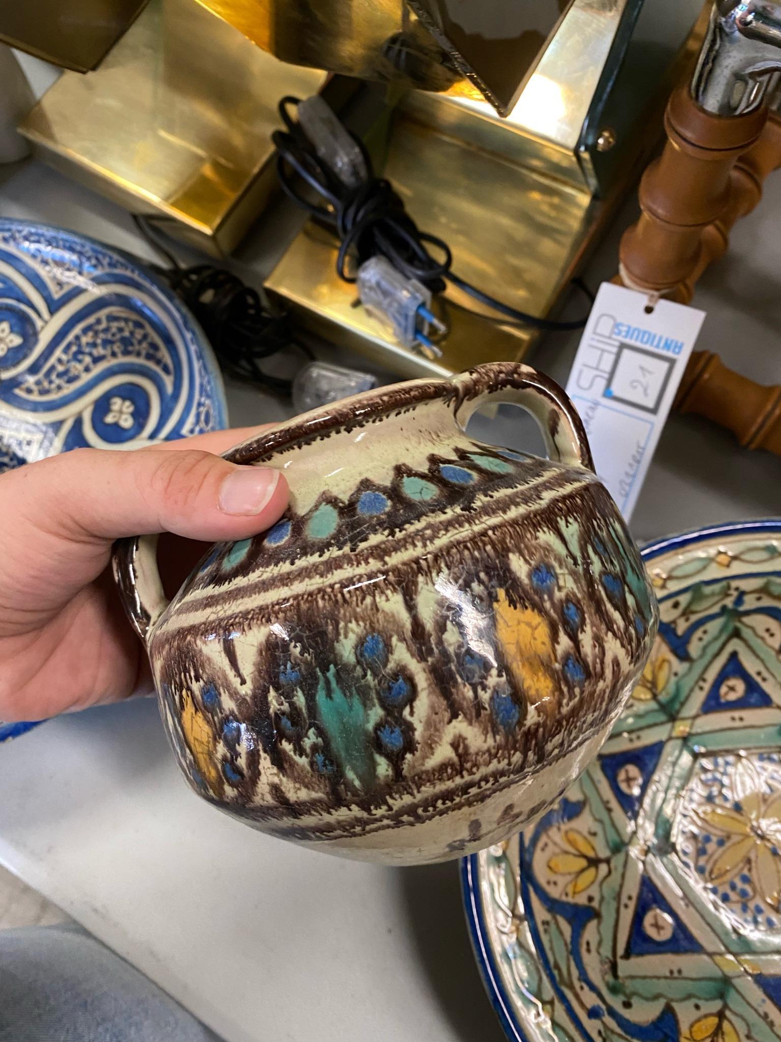 Brown, Blue, and Yellow Two Handled Vase For Sale 5
